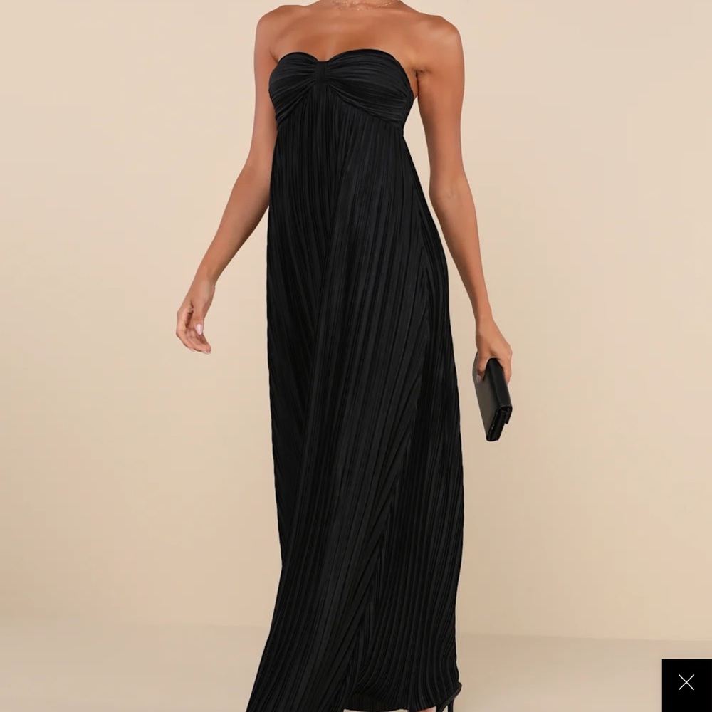 Lulus Whimsical Beauty Black Satin Plisse Strapless Maxi Dress